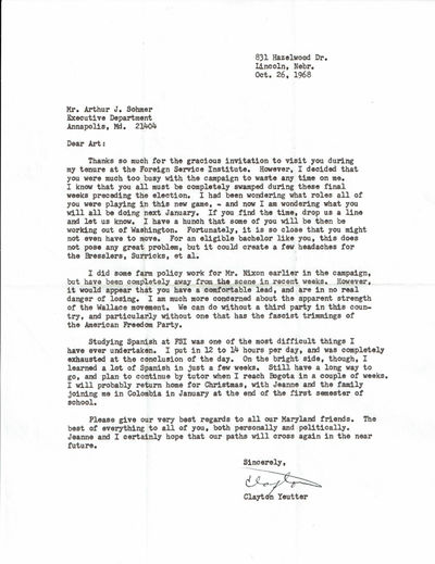 TYPED LETTER to SPIRO AGNEW'S CHIEF OF STAFF SIGNED by CLAYTON YEUTTER ...